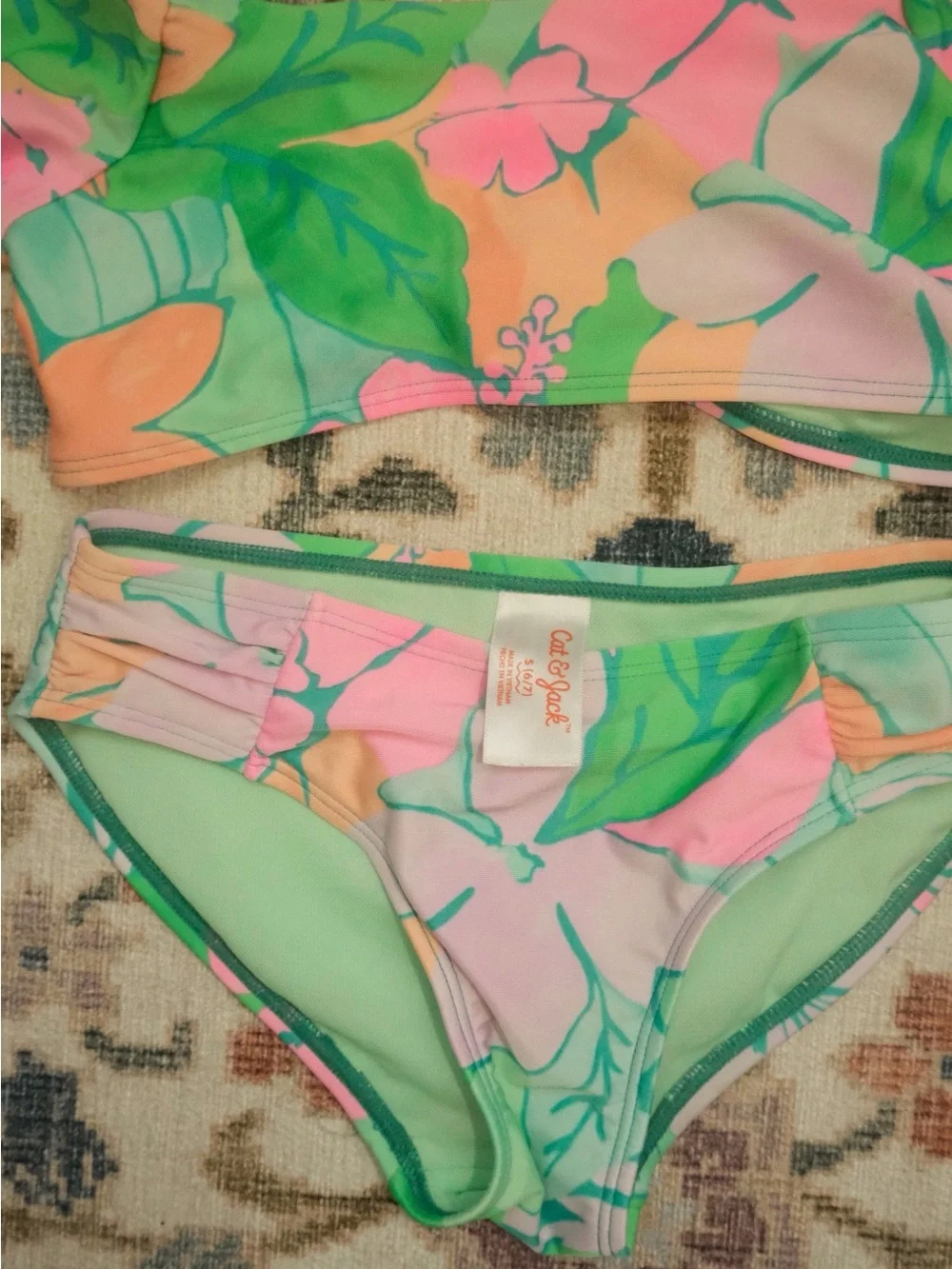 Cat & Jack Pastel Floral Puff-Sleeve Two-Piece Swimsuit - Green, Pink, Peach